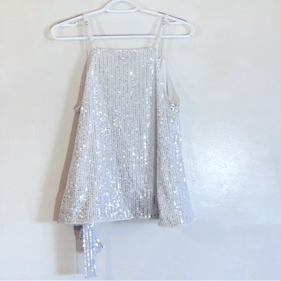 Grace Karin Shimmering Sequin Blouse Lined White Sequins Tie Front Sz Large - Picture 5 of 5